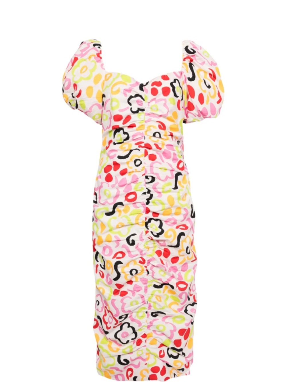 RHODE Puff-Sleeve Ruched Midi Dress - Pink Multi Floral